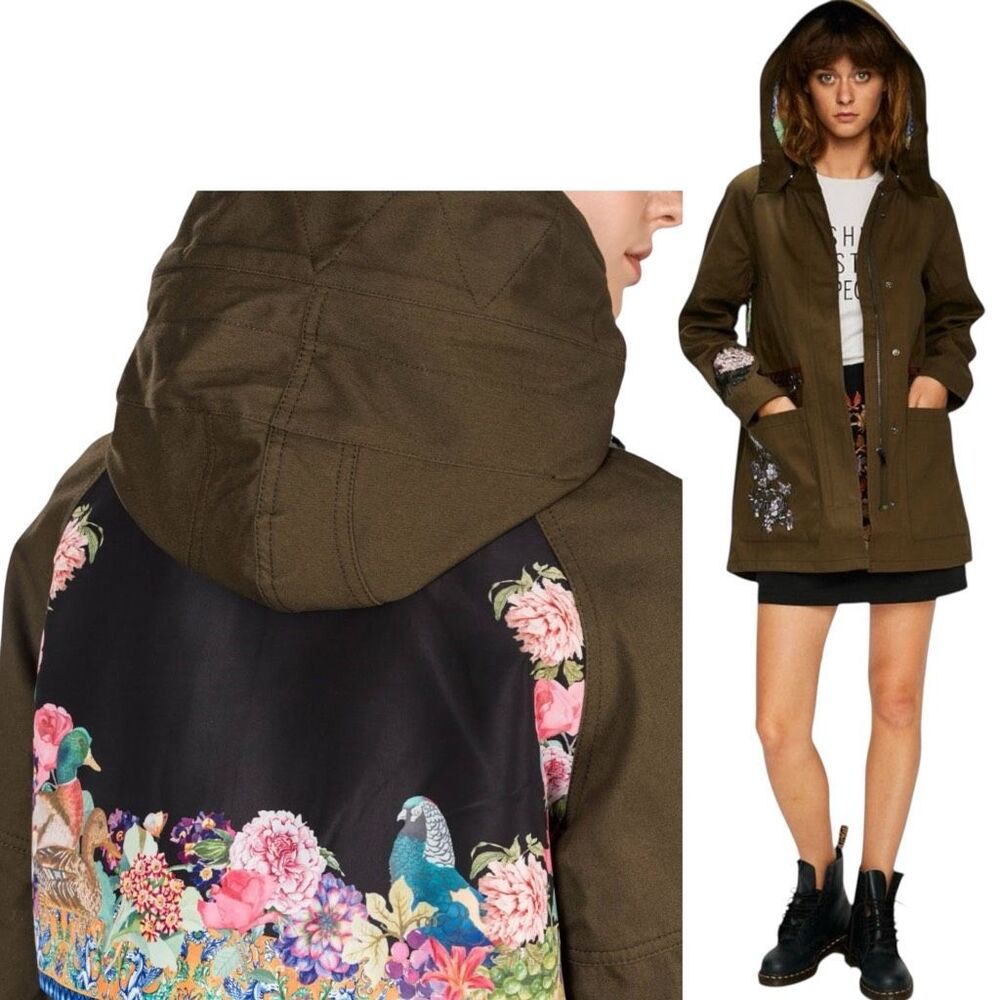 Desigual Jacket 6 Olive Green Parka Victorian Gothic Hooded‎ Embroidered Floral